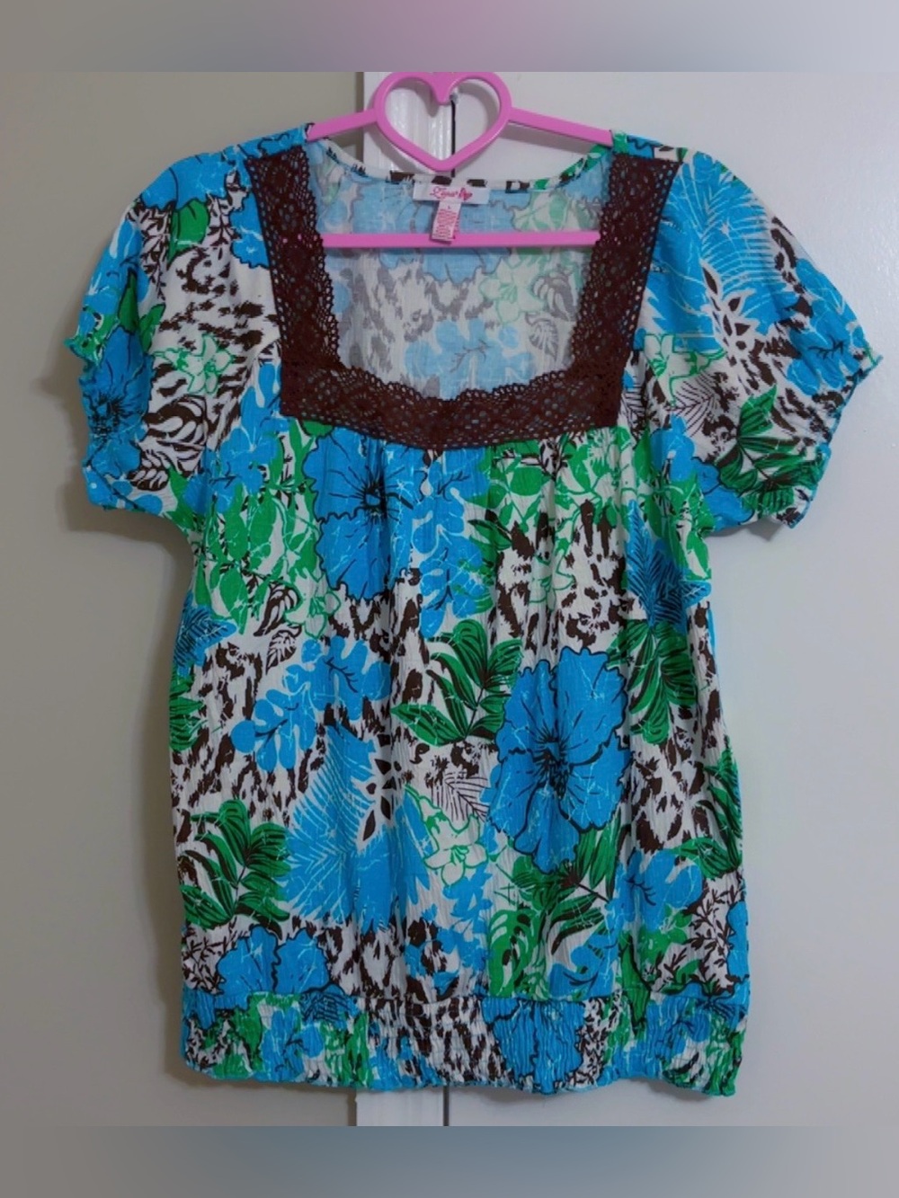 Lena Blue, Green & Brown Floral Square-Neck Tunic